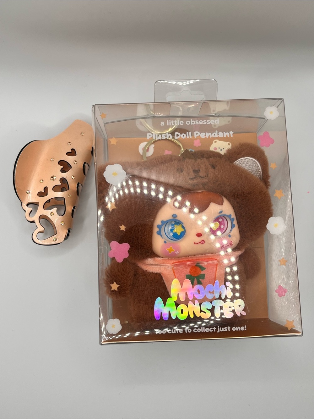 BUNDLE Mochi Monster Plush Doll Pendant - Brown and hair clip